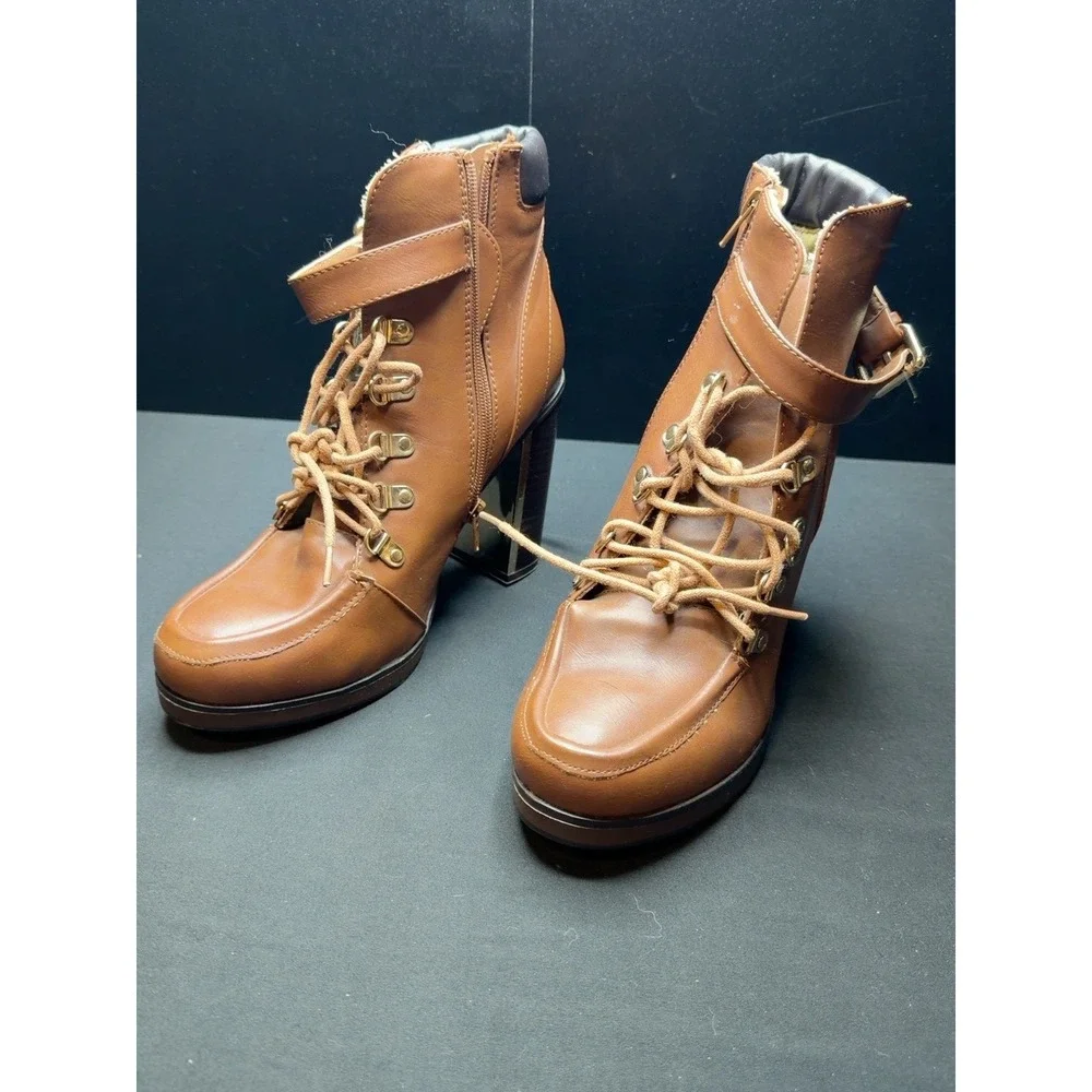 Torrid Womens 10W Cognac Lace Up Heeled Combat Ankle Boots Buckle Zip Wide